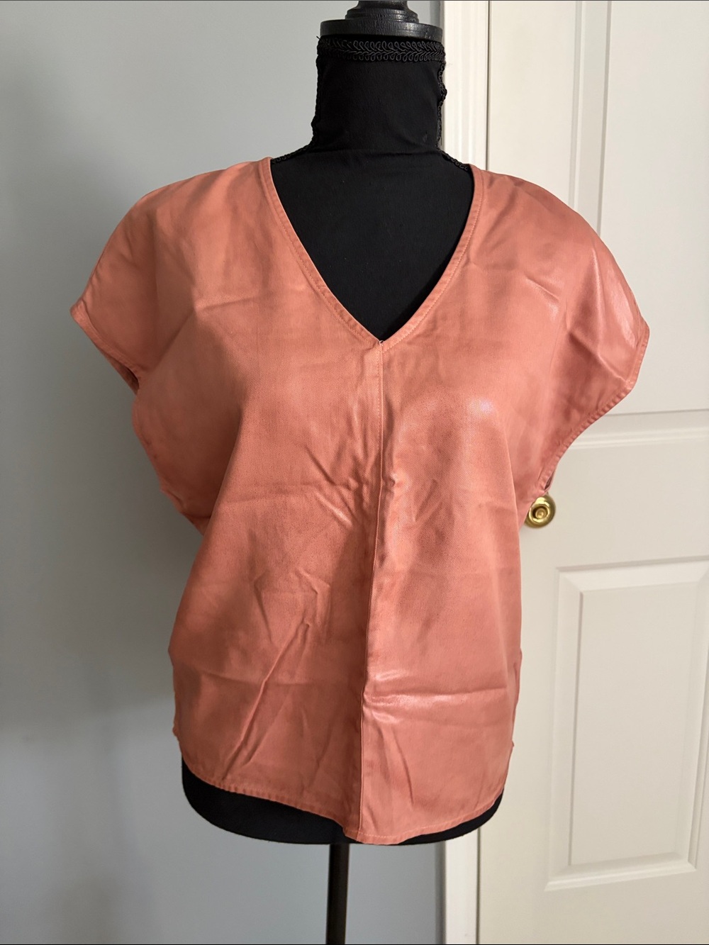 Faux v-Neck Leather Blouse in Dusty Pink